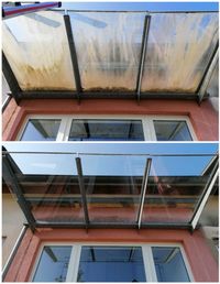 Terassendach vor und nach der Fensterreinigung mit Leiter